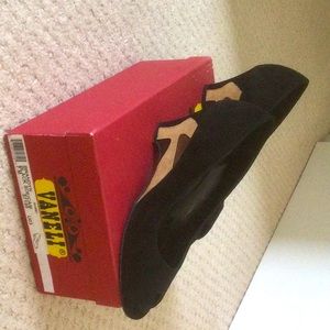 Ladies black suede, peep toe wedge. Size 7M.